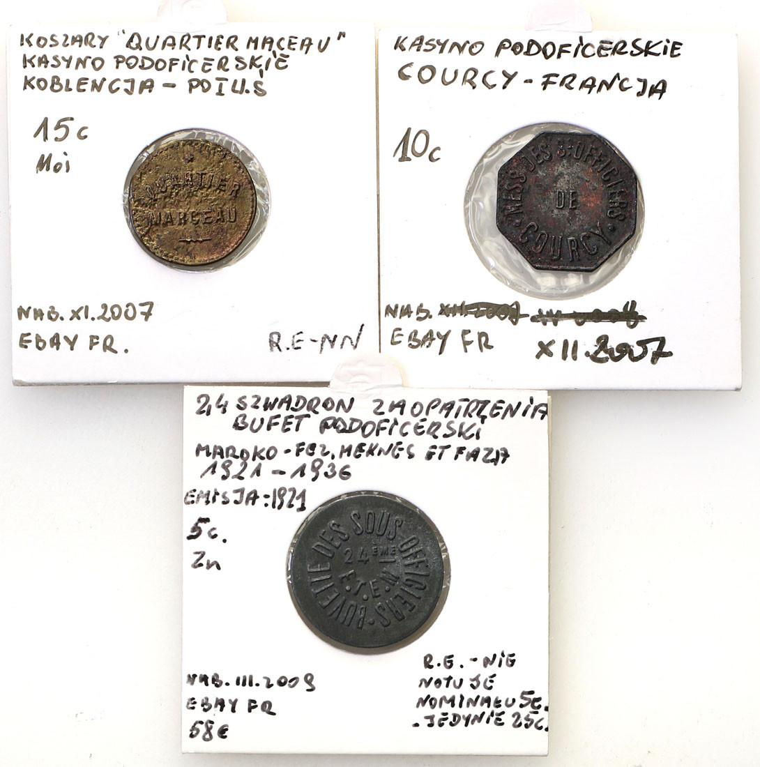 Francja. 5, 10, 15 centimes Kasyna Podoficerskie, Kantyny Wojskowe, zestaw 3 monet